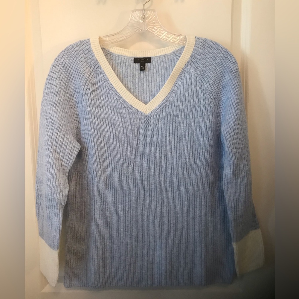 Talbots Light Blue Heather V-Neck Tipped Sweater NWOT